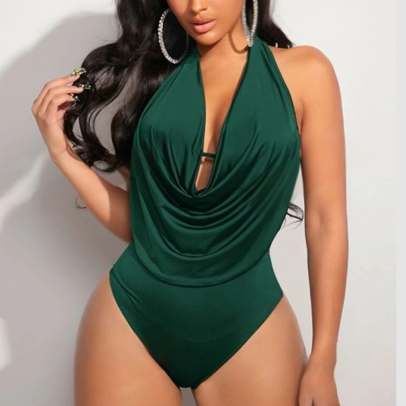 Luxe deep v neck draped front halter bodysuit